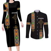 Ethiopia Saba Kemis Couples Matching Long Sleeve Bodycon Dress and Long Sleeve Button Shirt Ethiopian Cross Lion Of Judah Black Color