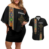 Ethiopia Saba Kemis Couples Matching Off Shoulder Short Dress and Hawaiian Shirt Ethiopian Cross Lion Of Judah Black Color