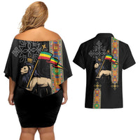 Ethiopia Saba Kemis Couples Matching Off Shoulder Short Dress and Hawaiian Shirt Ethiopian Cross Lion Of Judah Black Color