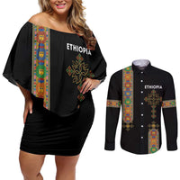 Ethiopia Saba Kemis Couples Matching Off Shoulder Short Dress and Long Sleeve Button Shirt Ethiopian Cross Lion Of Judah Black Color