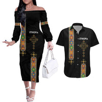 Ethiopia Saba Kemis Couples Matching Off The Shoulder Long Sleeve Dress and Hawaiian Shirt Ethiopian Cross Lion Of Judah Black Color