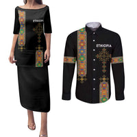 Ethiopia Saba Kemis Couples Matching Puletasi and Long Sleeve Button Shirt Ethiopian Cross Lion Of Judah Black Color