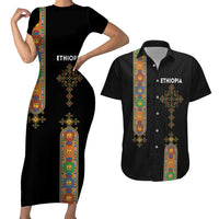 Ethiopia Saba Kemis Couples Matching Short Sleeve Bodycon Dress and Hawaiian Shirt Ethiopian Cross Lion Of Judah Black Color