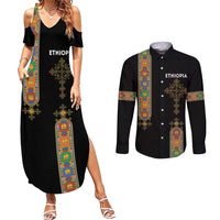Ethiopia Saba Kemis Couples Matching Summer Maxi Dress and Long Sleeve Button Shirt Ethiopian Cross Lion Of Judah Black Color