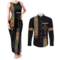 Ethiopia Saba Kemis Couples Matching Tank Maxi Dress and Long Sleeve Button Shirt Ethiopian Cross Lion Of Judah Black Color