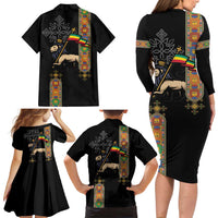 Ethiopia Saba Kemis Family Matching Long Sleeve Bodycon Dress and Hawaiian Shirt Ethiopian Cross Lion Of Judah Black Color