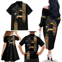 Ethiopia Saba Kemis Family Matching Off The Shoulder Long Sleeve Dress and Hawaiian Shirt Ethiopian Cross Lion Of Judah Black Color