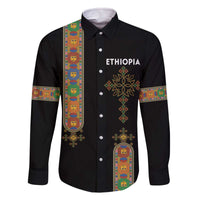 Ethiopia Saba Kemis Family Matching Off The Shoulder Long Sleeve Dress and Hawaiian Shirt Ethiopian Cross Lion Of Judah Black Color
