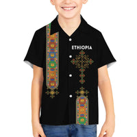 Ethiopia Saba Kemis Family Matching Off The Shoulder Long Sleeve Dress and Hawaiian Shirt Ethiopian Cross Lion Of Judah Black Color