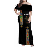 Ethiopia Saba Kemis Family Matching Off Shoulder Maxi Dress and Hawaiian Shirt Ethiopian Cross Lion Of Judah Black Color