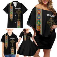 Ethiopia Saba Kemis Family Matching Off Shoulder Short Dress and Hawaiian Shirt Ethiopian Cross Lion Of Judah Black Color