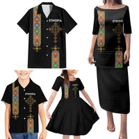 Ethiopia Saba Kemis Family Matching Puletasi and Hawaiian Shirt Ethiopian Cross Lion Of Judah Black Color
