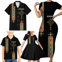 Ethiopia Saba Kemis Family Matching Short Sleeve Bodycon Dress and Hawaiian Shirt Ethiopian Cross Lion Of Judah Black Color