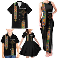 Ethiopia Saba Kemis Family Matching Tank Maxi Dress and Hawaiian Shirt Ethiopian Cross Lion Of Judah Black Color