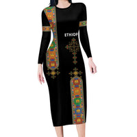 Ethiopia Saba Kemis Long Sleeve Bodycon Dress Ethiopian Cross Lion Of Judah Black Color