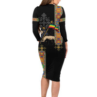 Ethiopia Saba Kemis Long Sleeve Bodycon Dress Ethiopian Cross Lion Of Judah Black Color
