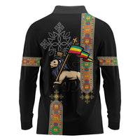 Ethiopia Saba Kemis Long Sleeve Polo Shirt Ethiopian Cross Lion Of Judah Black Color