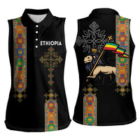 Ethiopia Saba Kemis Women Sleeveless Polo Shirt Ethiopian Cross Lion Of Judah Black Color