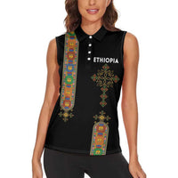Ethiopia Saba Kemis Women Sleeveless Polo Shirt Ethiopian Cross Lion Of Judah Black Color