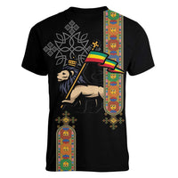 Ethiopia Saba Kemis Women V-Neck T-Shirt Ethiopian Cross Lion Of Judah Black Color