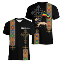 Ethiopia Saba Kemis Women V-Neck T-Shirt Ethiopian Cross Lion Of Judah Black Color