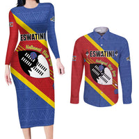 Personalized Eswatini National Flag Day Couples Matching Long Sleeve Bodycon Dress and Long Sleeve Button Shirt Nguni Shield Flag Style