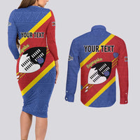 Personalized Eswatini National Flag Day Couples Matching Long Sleeve Bodycon Dress and Long Sleeve Button Shirt Nguni Shield Flag Style