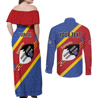 Personalized Eswatini National Flag Day Couples Matching Off Shoulder Maxi Dress and Long Sleeve Button Shirt Nguni Shield Flag Style