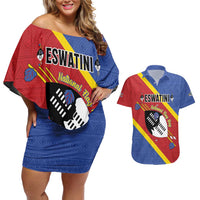 Personalized Eswatini National Flag Day Couples Matching Off Shoulder Short Dress and Hawaiian Shirt Nguni Shield Flag Style