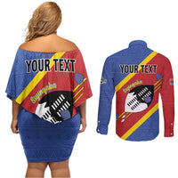 Personalized Eswatini National Flag Day Couples Matching Off Shoulder Short Dress and Long Sleeve Button Shirt Nguni Shield Flag Style