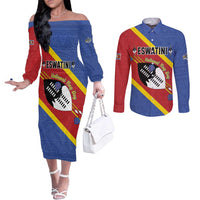 Personalized Eswatini National Flag Day Couples Matching Off The Shoulder Long Sleeve Dress and Long Sleeve Button Shirt Nguni Shield Flag Style