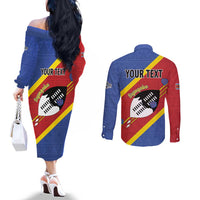 Personalized Eswatini National Flag Day Couples Matching Off The Shoulder Long Sleeve Dress and Long Sleeve Button Shirt Nguni Shield Flag Style