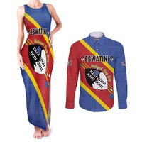 Personalized Eswatini National Flag Day Couples Matching Tank Maxi Dress and Long Sleeve Button Shirt Nguni Shield Flag Style