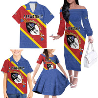 Personalized Eswatini National Flag Day Family Matching Off The Shoulder Long Sleeve Dress and Hawaiian Shirt Nguni Shield Flag Style