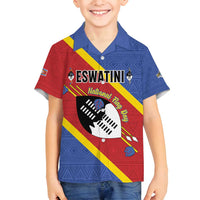 Personalized Eswatini National Flag Day Family Matching Off Shoulder Short Dress and Hawaiian Shirt Nguni Shield Flag Style