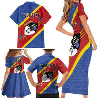 Personalized Eswatini National Flag Day Family Matching Short Sleeve Bodycon Dress and Hawaiian Shirt Nguni Shield Flag Style