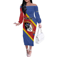 Personalized Eswatini National Flag Day Off The Shoulder Long Sleeve Dress Nguni Shield Flag Style