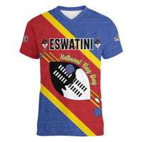 Personalized Eswatini National Flag Day Women V-Neck T-Shirt Nguni Shield Flag Style