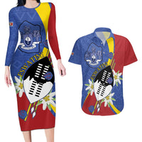 Eswatini Couples Matching Long Sleeve Bodycon Dress and Hawaiian Shirt Nguni Shield Edelweiss Flower