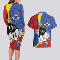Eswatini Couples Matching Long Sleeve Bodycon Dress and Hawaiian Shirt Nguni Shield Edelweiss Flower
