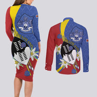 Eswatini Couples Matching Long Sleeve Bodycon Dress and Long Sleeve Button Shirt Nguni Shield Edelweiss Flower