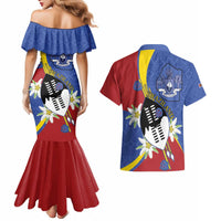 Eswatini Couples Matching Mermaid Dress and Hawaiian Shirt Nguni Shield Edelweiss Flower