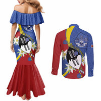 Eswatini Couples Matching Mermaid Dress and Long Sleeve Button Shirt Nguni Shield Edelweiss Flower