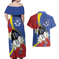 Eswatini Couples Matching Off Shoulder Maxi Dress and Hawaiian Shirt Nguni Shield Edelweiss Flower