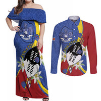 Eswatini Couples Matching Off Shoulder Maxi Dress and Long Sleeve Button Shirt Nguni Shield Edelweiss Flower