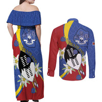 Eswatini Couples Matching Off Shoulder Maxi Dress and Long Sleeve Button Shirt Nguni Shield Edelweiss Flower