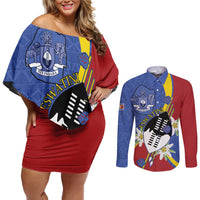 Eswatini Couples Matching Off Shoulder Short Dress and Long Sleeve Button Shirt Nguni Shield Edelweiss Flower