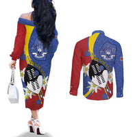 Eswatini Couples Matching Off The Shoulder Long Sleeve Dress and Long Sleeve Button Shirt Nguni Shield Edelweiss Flower