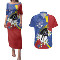 Eswatini Couples Matching Puletasi and Hawaiian Shirt Nguni Shield Edelweiss Flower