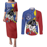 Eswatini Couples Matching Puletasi and Long Sleeve Button Shirt Nguni Shield Edelweiss Flower